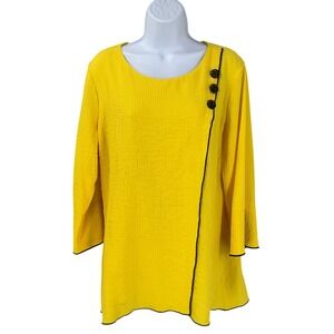 Ali Miles Tunic Top Womens Sz L Yellow Button Trim Textured Art to Wear Bold